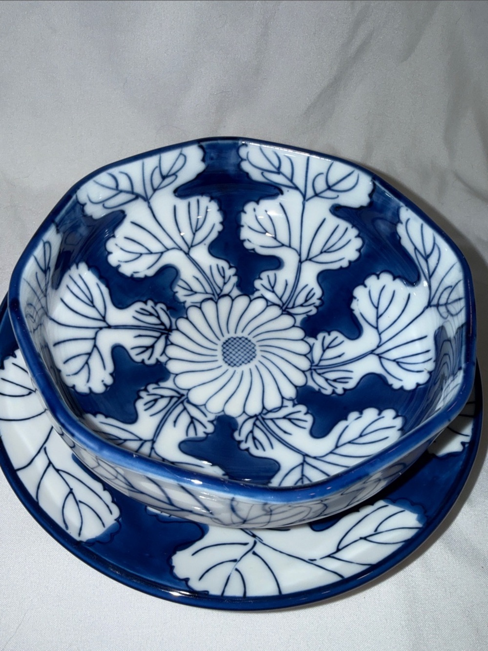 Vintage Blue & White LEAF OMC OTAGIRI JAPAN PORCELAIN BOWL And SAUCER